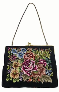 Vintage 50's Petit Point Floral Needlepoint  Gold Chain Kisslock Purse  - Picture 1 of 16