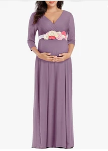 NWT Mother Bee, Maternity, V-Neck, 3/4 Sleeve Ruched, Waist Dress Medium Purple - Picture 1 of 4