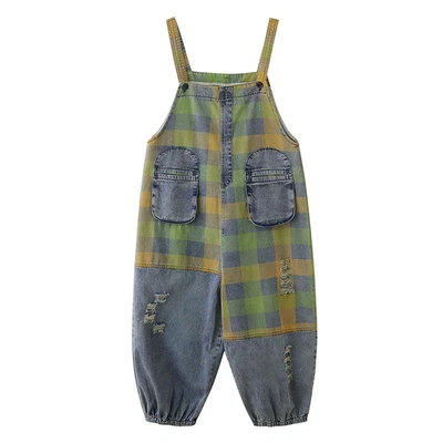 Damen Kariert Distressed Denim Latzhose Baggy Hose Sommer Arbeitskleidung - Bild 1 von 4