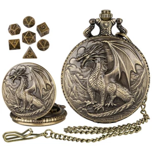 7Pcs/Set Metal Polyhedral Dice Set DND Dices with Dragon Pocket Watch Case Chain - Picture 1 of 14