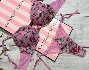 Victoria's Secret Push Up Bra Floral Embroidery Side Tie Thong Set Floral Pink - Picture 1 of 4