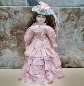Vintage Porcelain Doll Curly Brown Hair Pink Dress Lace Trim Hat 16" - Picture 1 of 15
