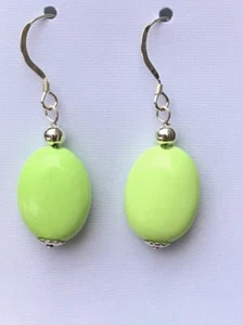 Large green oval turquoise bead sterling silver drop earrings EAR340006 - Picture 1 of 1