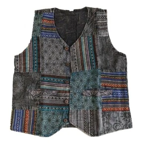 Mens Black Vest Patch Hippie Boho Festival Washed Handmade Ethnic Colourful Fun - Picture 1 of 13