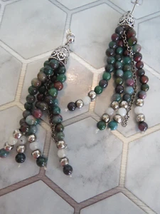 Sterling Silver 925 Dangle Drop EARRINGS Jasper Agate Malachite Beaded 2.75"Long - Picture 1 of 7