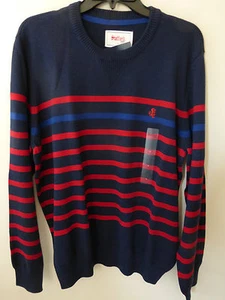 NWT STAFFORD MEN'S  CREWNECK SWEATER 100% COTTON KNIT NAVY STRIPE  LARGE - Picture 1 of 3