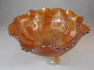 Fenton Carnival Glass Marigold Holly & Stag Deer Footed Ruffled Bowl 9” - Picture 1 of 10