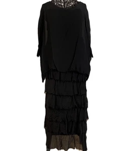 Gigi Moda Black Silk Midi Dress Sz 6 Tiered Ruffle Vamp Whimsigoth Dark Feminine - Picture 1 of 16