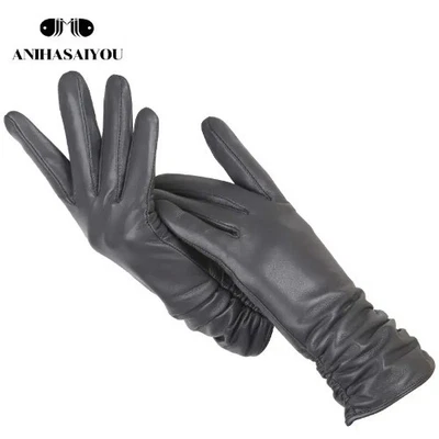 Classic Pleated Gloves Women Color Pu Leather Gloves Sheepskin Winter Gloves - Image 1 of 4