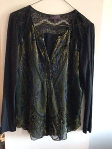 HALE BOB Silk Velvet Lace Bead Embellished Tunic Top SZ XS Black Olive Green - Picture 1 of 6