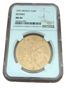 Mexico 1947 Gold 50 Pesos NGC MS64 Restrike - Picture 1 of 2