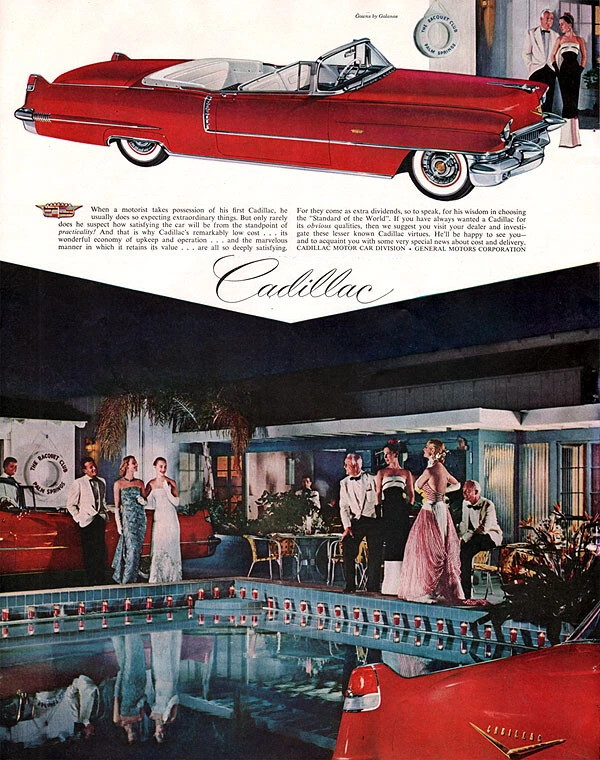 Red Cadillac Convertible at The Palm Springs Racquet Club GALANOS GOWNS 1956 Ad - Image 1 of 1
