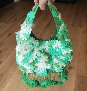 Green & White Flowers Beaded Bag Handcrafted in India Purse Viral TikTok RARE - Picture 1 of 19