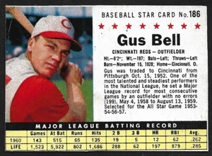 1961 POST CEREAL #186  Gus Bell  CINCINNATI REDS  SP  ( Box Version )  VG-EX  A - Picture 1 of 2
