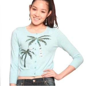 NWT Charlotte Tarantola Lightweight Cotton Cardigan Sweater Sequin Palm Tree L - Picture 1 of 10