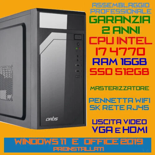 COMPUTER PC FISSO CPU INTEL i7-4770 RAM 16GB SSD512GB DVDRW Win 11/Office 2019 - Immagine 1 di 1