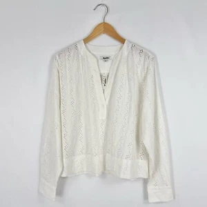 Madewell Top Womens Small White Eyelet Long Sleeve Popover Linen Blend - Picture 1 of 16