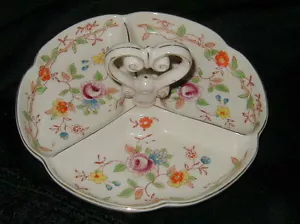 VINTAGE CERAMIC HAND PAINTED DIVIDED RELISH, TIDBIT DISH w HANDLE, MADE IN JAPAN - Picture 1 of 4