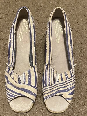 Toms Blanco Azul Rayas Lona Cuerda Peep-Toe Cuñas Mujer Talla 8.5 Foto 1 de 3
