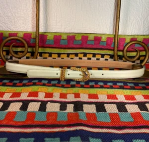 Liz Claiborne Vintage Aniline Green Leather Belt Brass Decorative Buckle Size M - Picture 1 of 15