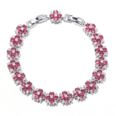 New Cute Flower Design Round Rose Red Garnet Gems Silver Women Girls Bracelets - Image 1 of 4