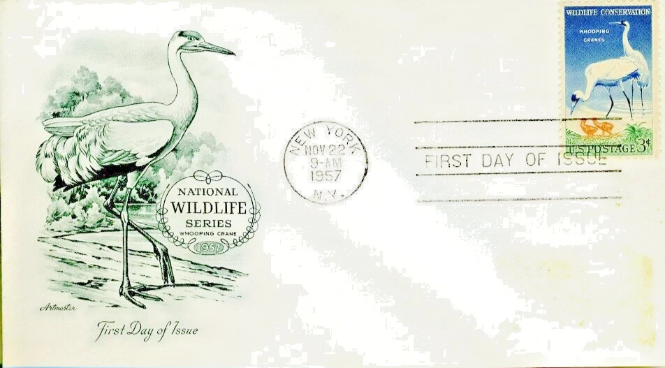 FDC US #1098 EE. UU. Grúa criada conservación de vida silvestre 1957 3¢ arte maestro caché Foto 1 de 1