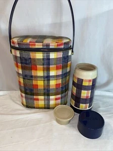 Rare MCM 1960's Vintage Plaid Vinyl Lunchbox Brunch bag with Thermos Aladdin - Picture 1 of 10
