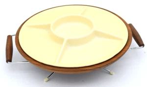 Vintage Wood Metal Tray Spin Lazy Susan Fondue Snack Charcuterie Atomic MCM - Picture 1 of 4