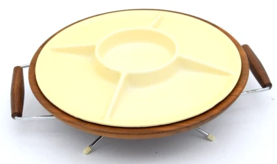 Vintage Wood Metal Tray Spin Lazy Susan Fondue Snack Charcuterie Atomic MCM - Image 1 of 4