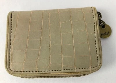 Carteira de moedas Perlina falsa jacaré com zíper suporte para troca bege feminina 4”x3”x1” - Imagem 1 de 4