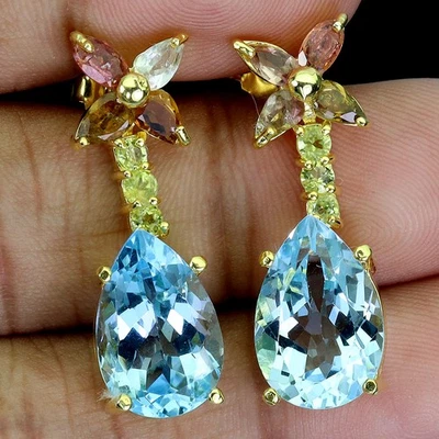 925 Sterling Silver Earrings Pear Sky Blue Topaz 15x9mm Peridot Gemstone Jewelry - Image 1 of 4