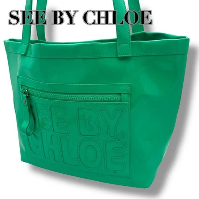 SEE BY CHLOE Leather Boat-Shaped Shoulder Tote Handbag Green Logo From Japan - Image 1 of 4