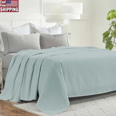 Textured Striped Cotton Blanket King Aqua Lightweight Durable Machine Washable - Image 1 of 4