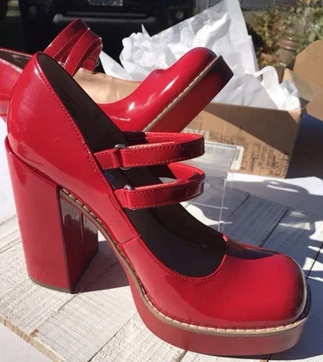Zapatos de salón STEVE MADDEN dos veces charol rojo grueso plataforma Mary Jane 8 1/2 Foto 1 de 4