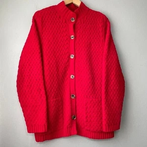J Jill Size Medium Cherry Red Chunky Open Knit Soft Chenille Sweater Cardigan - Picture 1 of 7