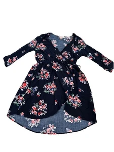 Band Of Gypsies Mock Wrap Dress Size Large Navy Blue Floral V Neck Women’s - Picture 1 of 12