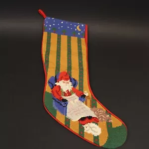 Vintage Needlepoint Santa Christmas Stocking Napping Dog Cat Moon Stripes - Picture 1 of 8