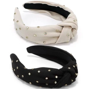 2 PCS Rhinestone Knotted Headbands Crystal Jeweled Top Knot for Women Black - Picture 1 of 7