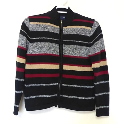 2000s Y2K Charter Club Negro Rayas Tejido Cremallera Suéter Mujer Talla Mediana Foto 1 de 4