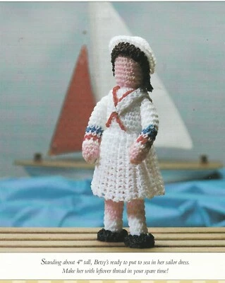 Doll in Sailor Dress - 4" tall - Size 10 crochet cotton - Crochet Pattern ONLY - Image 1 of 2