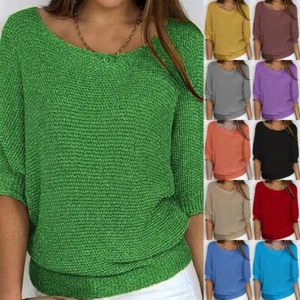 Women Jumper Tops Solid Color Sweater Ladies Casual Crew Neck Fall Pullover Warm - Picture 1 of 34