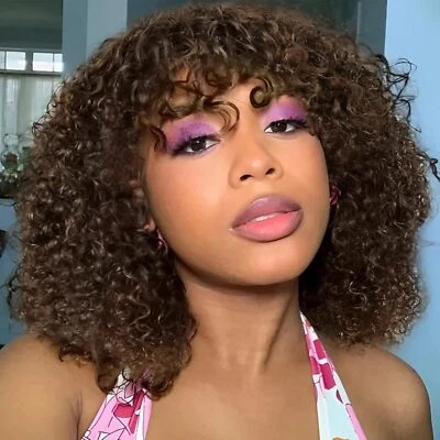 Peluca Bob Rizada de 12 Pulgadas con Flequillo, Negra Sin Pegamento Mezcla Marrón 100% Cabello Brasileño Foto 1 de 4