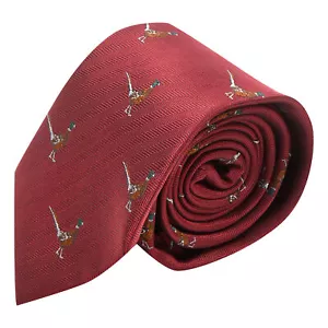 Rojo Burdeos Espiguilla Bordado Faisán Corbata - Imagen 1 de 2
