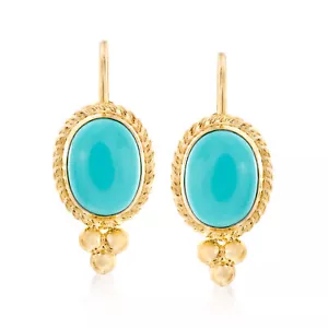 Ross-Simons Turquoise Roped-Edge Earrings in 14kt Yellow Gold - Picture 1 of 6