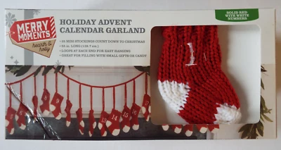 NEW Holiday Christmas Advent Calendar Red Mini Knitted Stocking Garland 55" - Image 1 of 3