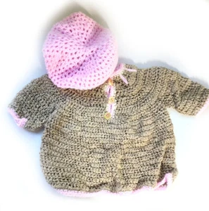 NEW KSS Taupe Colored w Pink Soft Pullover Baby Sweater & Hat 18 Months SW-1006 - Picture 1 of 3