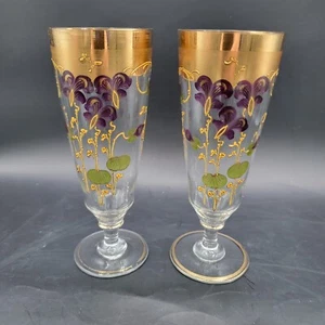 2 Art Nouveau Enameled Glass Goblets Floral Motif Green Gold Purple SOME WEAR - Picture 1 of 9