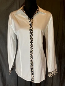 CHICOS EFFORTLESS LEOPARD TRIM WHITE BLOUSE CHICOS SIZE 3 (XL) NEW WITH TAGS - Picture 1 of 11