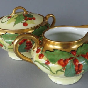 Antique LIMOGES HP Porcelain Covered Sugar Creamer HOLLY & BERRIES Brauer COWAN - Picture 1 of 9
