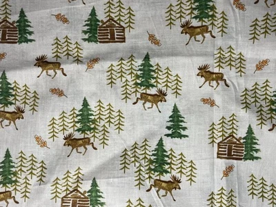 LOG CABIN MOOSE PINE FOREST PRINT 44" X 27" QUILT POLYCOTTON FABRIC - Image 1 of 3